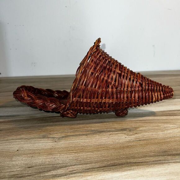 Vintage Mid Century Cornucopia Wicker Basket Brown Serving Tray Wall Pocket - Picture 3 of 7